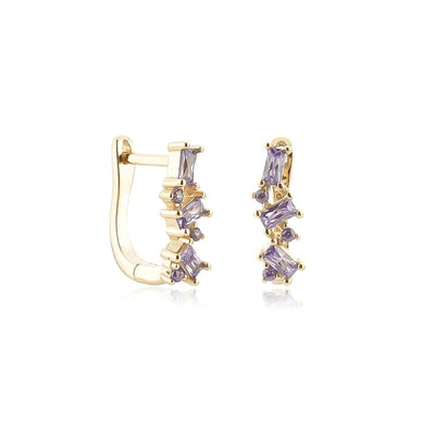 Gold Purple Crystal U Hoop Earrings