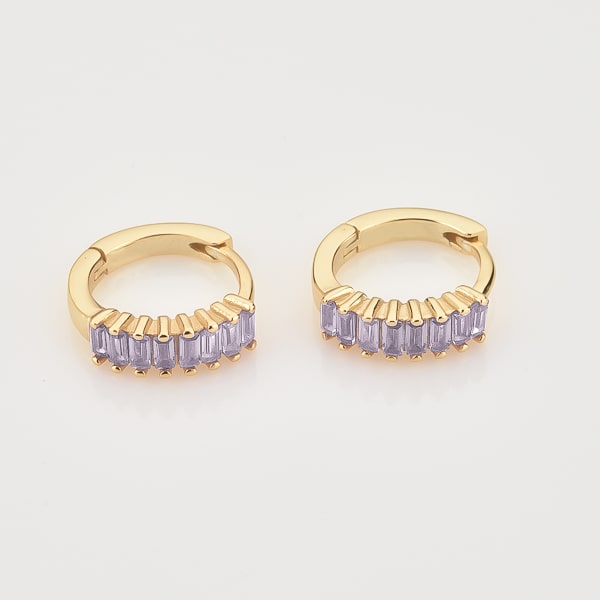 Gold purple emerald-cut crystal huggie earrings details
