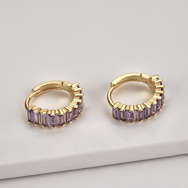 Gold purple emerald-cut crystal mini hoop earrings details