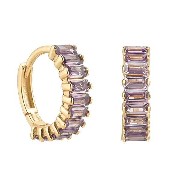 Gold purple emerald-cut crystal mini hoop earrings