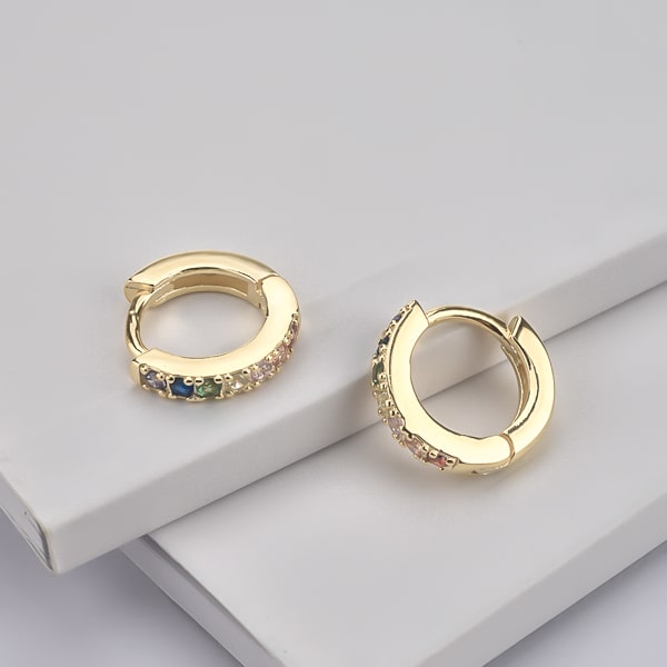 Gold rainbow crystal huggie earrings details