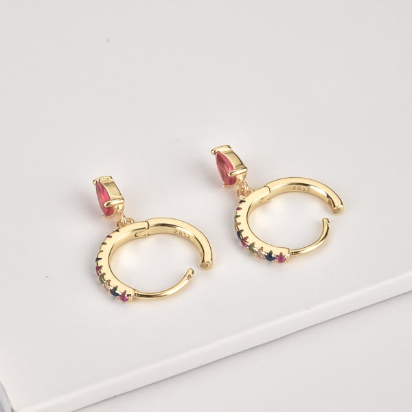 Gold rainbow crystal huggie teardrop earrings details