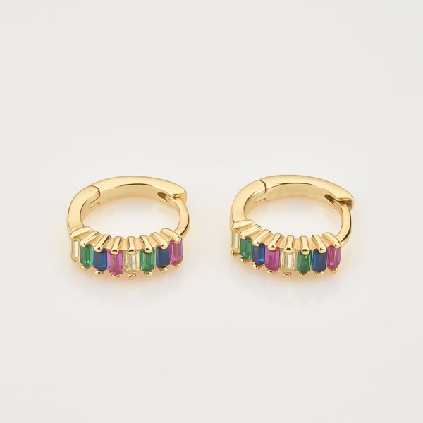 Gold rainbow emerald-cut crystal huggie earrings details