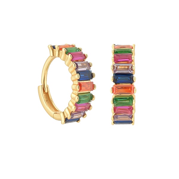 Gold rainbow emerald-cut crystal mini hoop earrings