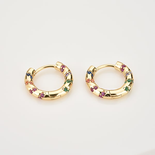 Gold rainbow hoop earrings detail