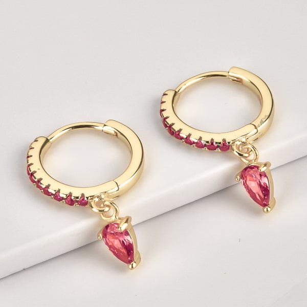Gold red crystal huggie teardrop earrings details