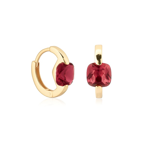 Gold red cushion huggie hoop earrings