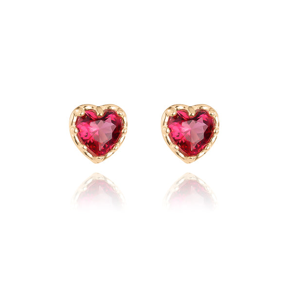 Gold ruby red crystal heart stud earrings