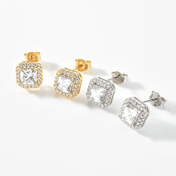 Gold square halo stud earrings details