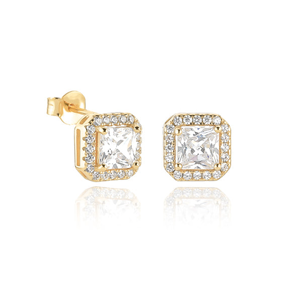 Gold square halo stud earrings