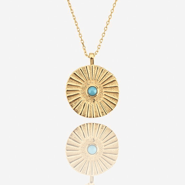 Gold sunset coin necklace details