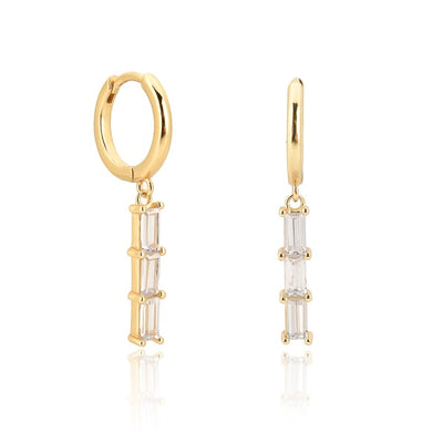 Gold Triple Baguette Bar Drop Hoop Earrings