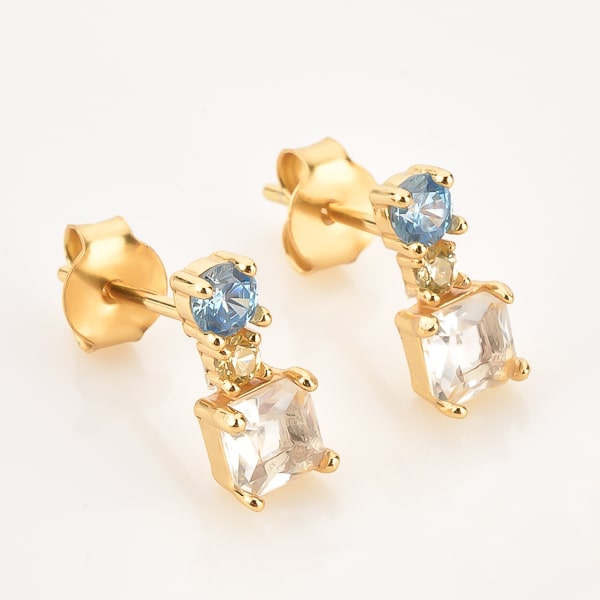 Gold triple crystal mini drop stud earrings detail