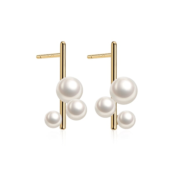 Gold triple pearl bar stud earrings