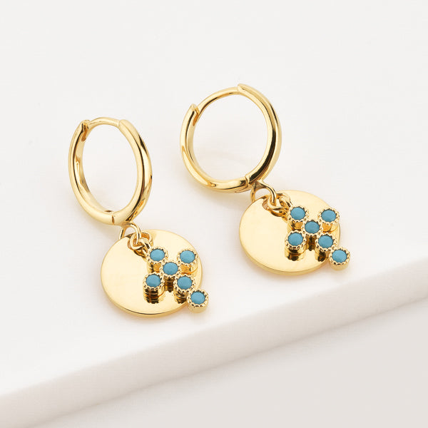 Gold and turquoise cross charm hoop earrings details
