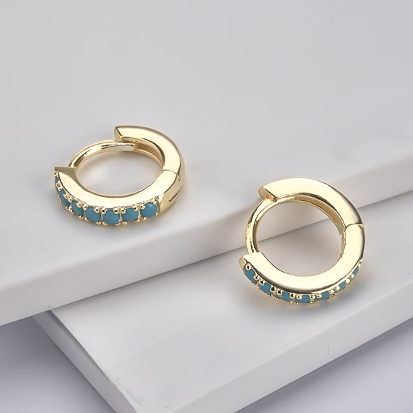 Gold turquoise crystal huggie earrings details