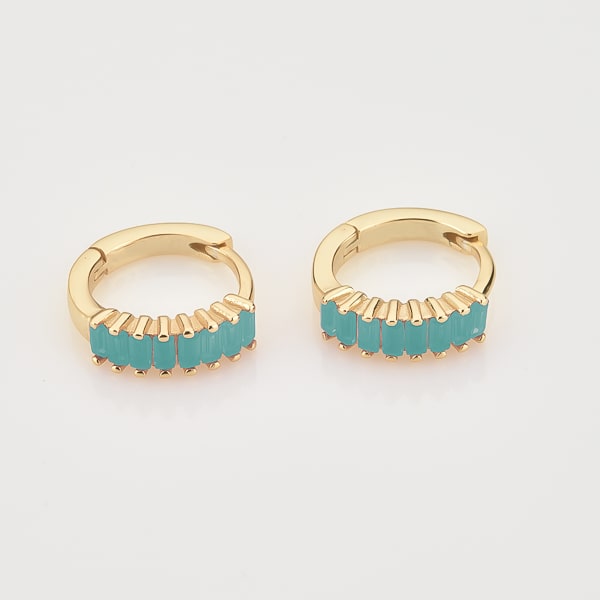 Gold turquoise emerald-cut crystal huggie earrings details