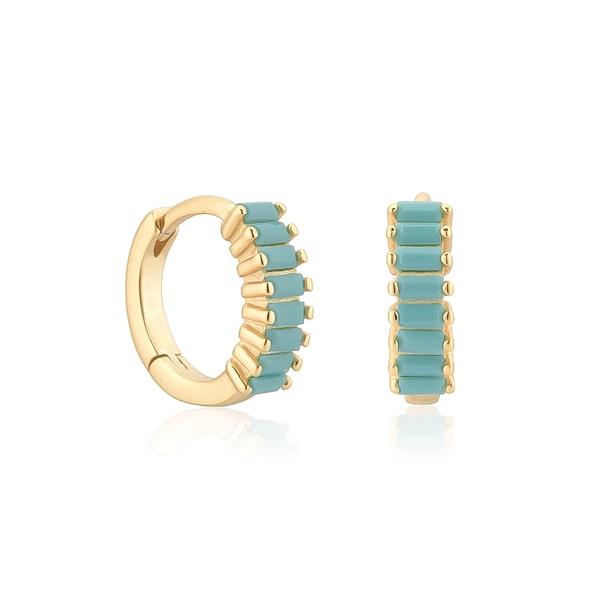 Gold turquoise emerald-cut crystal huggie earrings