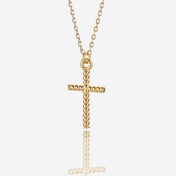 Twisted gold cross pendant necklace details