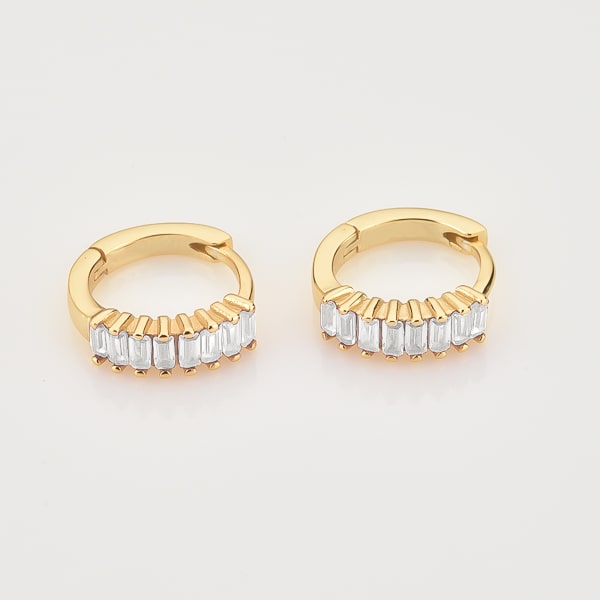 Gold white emerald-cut crystal huggie earrings details