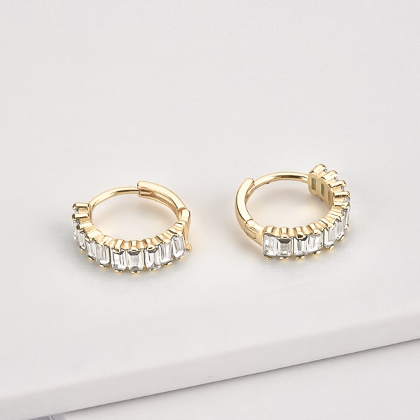 Gold white emerald-cut crystal mini hoop earrings details