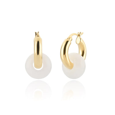 Gold White Jade Hoop Earrings