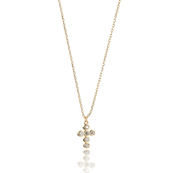Gold rounded cross necklace with white crystals