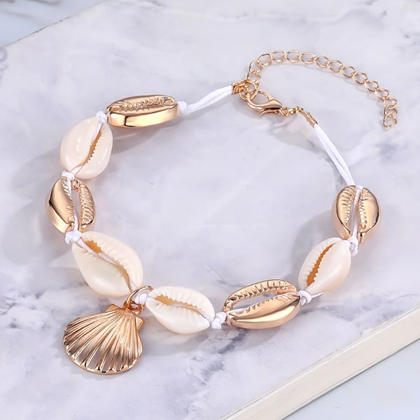 Gold and white seashell cowrie shell ankle bracelet details