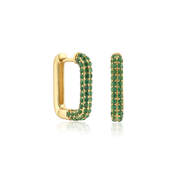 Green and gold cubic zirconia pavé square hoop earrings