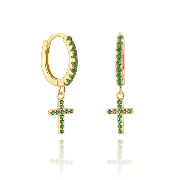Gold cross huggie hoop earrings with green crystals