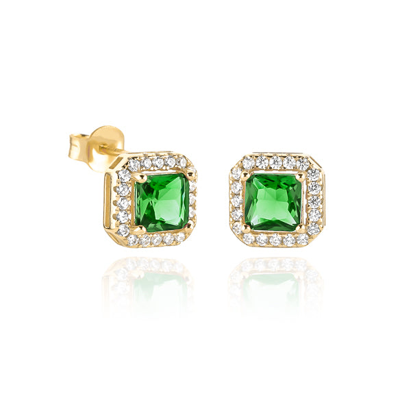 Green and gold square halo stud earrings