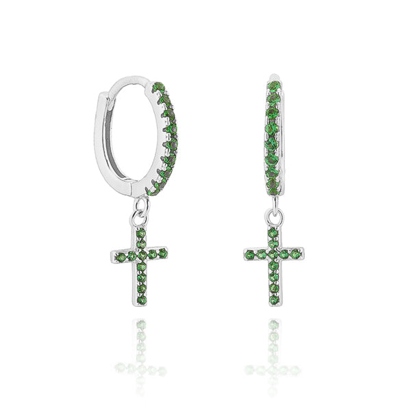 Silver cross huggie hoop earrings with green crystals