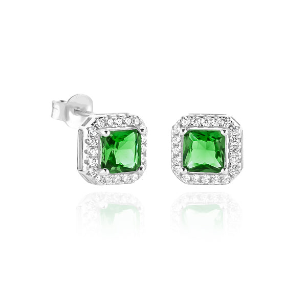 Green and silver square halo stud earrings