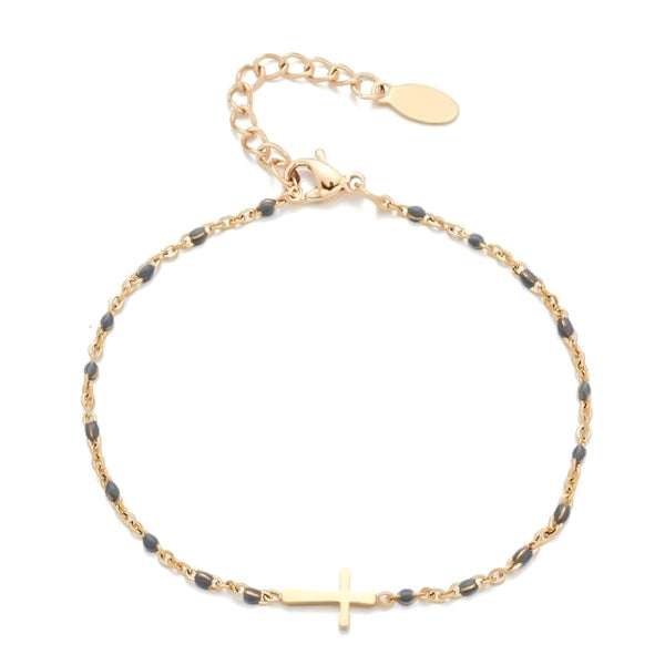 Gold cross bracelet with grey beads