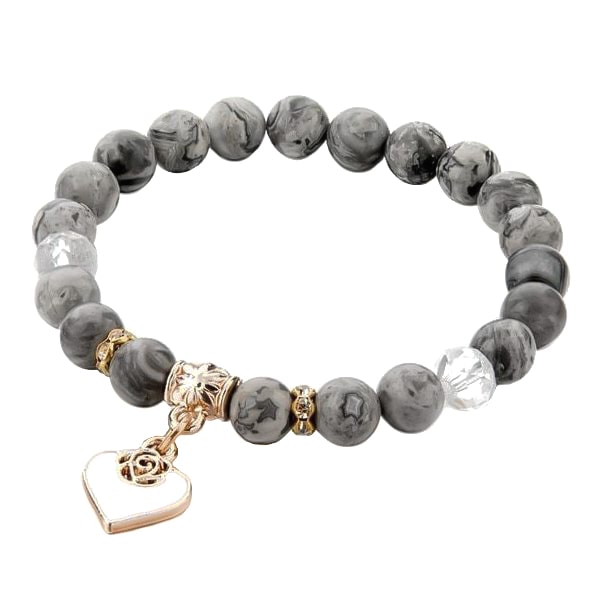 Beaded grey onyx bracelet with a gold heart charm
