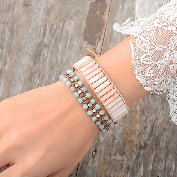 Handmade turquoise beaded bracelet on a woman's wrist