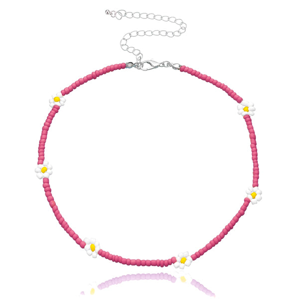 Hot pink beaded flower choker necklace