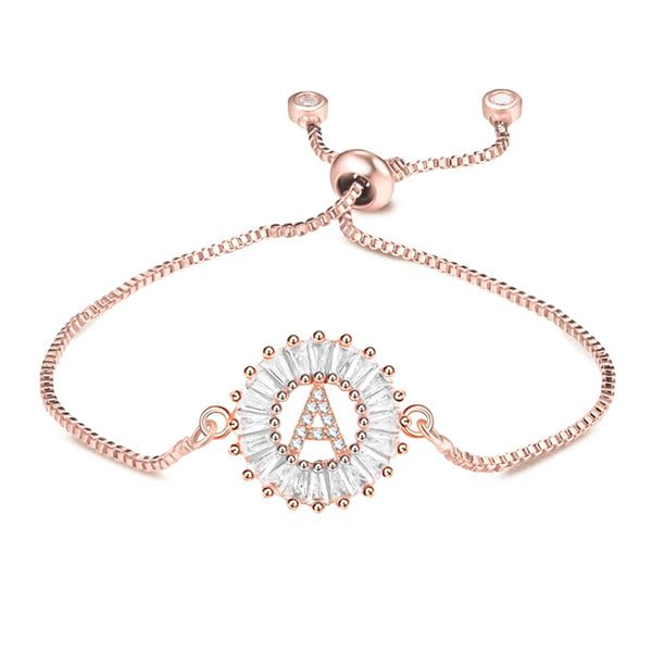 Rose gold initial letter bracelet with sparkling crystals and adjustable bolo closure