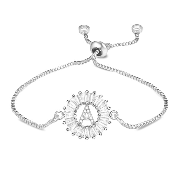 Silver initial letter bracelet with sparkling crystals and adjustable bolo closure