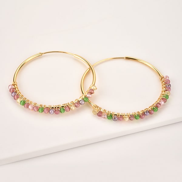 Large colorful bead hoop earrings detail