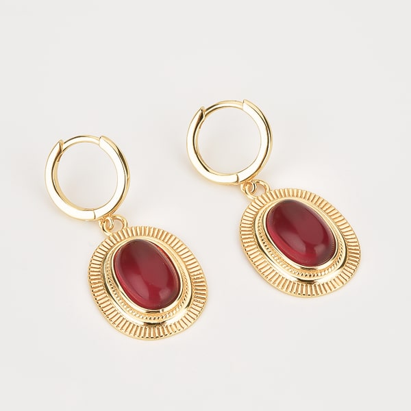 Large red oval stone drop earrings details