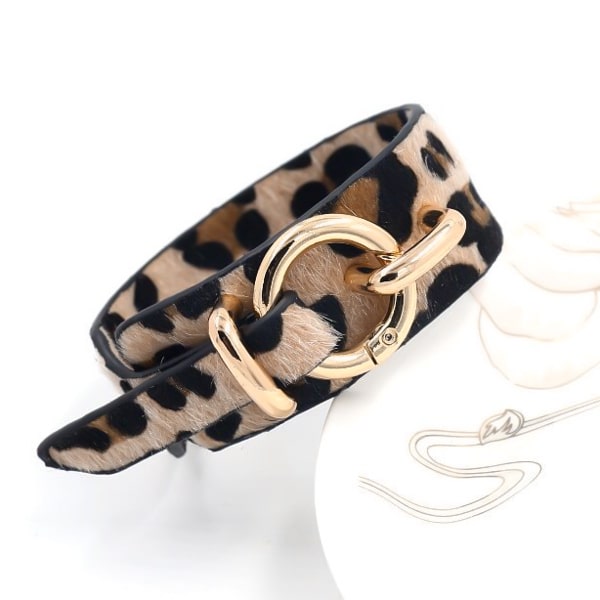 Leopard print leather bracelet with soft fur texture and gold fashion clasp