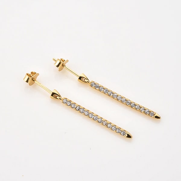 Long gold crystal drop bar earrings detail