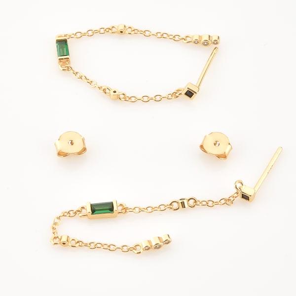 Long gold drop chain earrings details