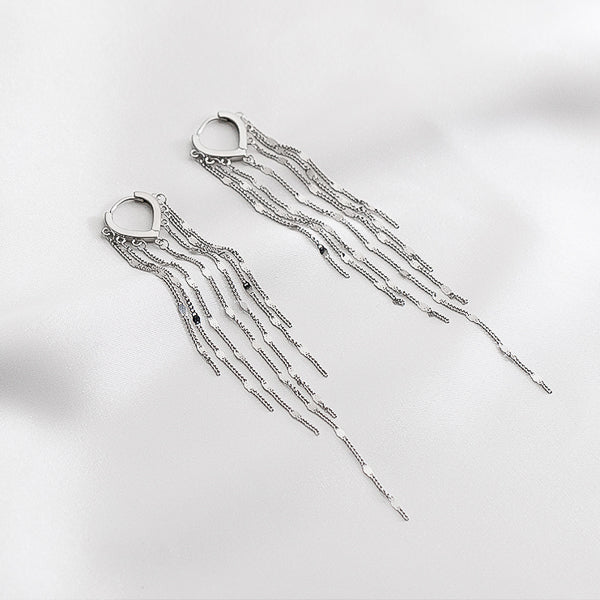 Long silver tassel drop earrings detail