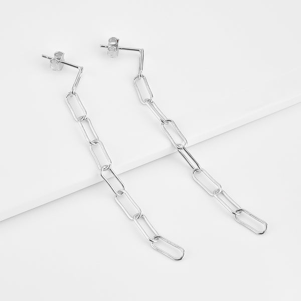 Long silver oval link chain drop earrings details