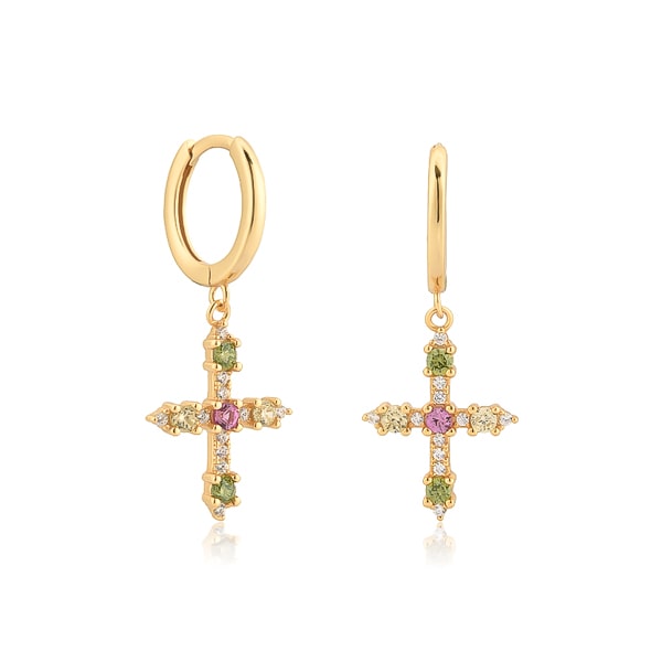 Multicolor crystal cross huggie hoop earrings