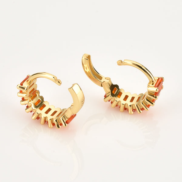 Small gold huggie hoop earrings with orange rectangle emerald-cut cubic zirconia stones