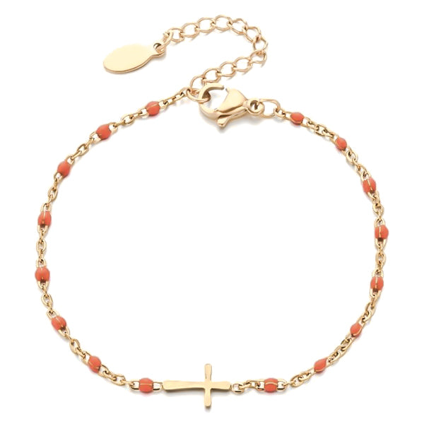 Gold cross bracelet with peach beads