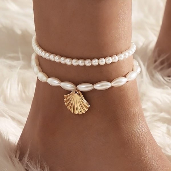 Pearl anklet set with gold shell charm